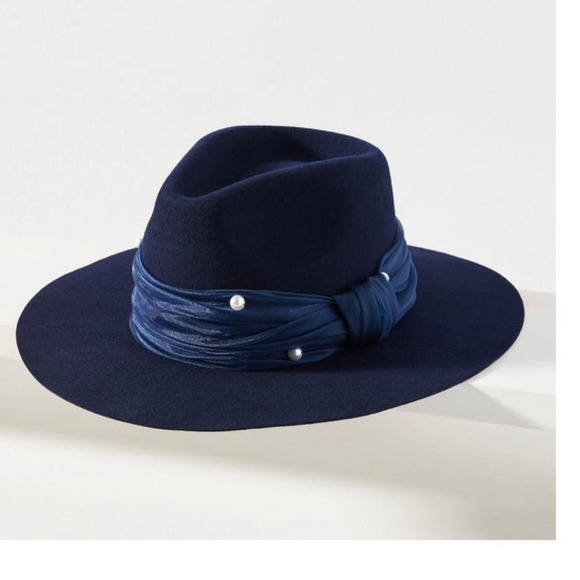 NEW AnthropologieLele Sadoughi Farrah Wool Pearl Rancher Hat One Size Navy